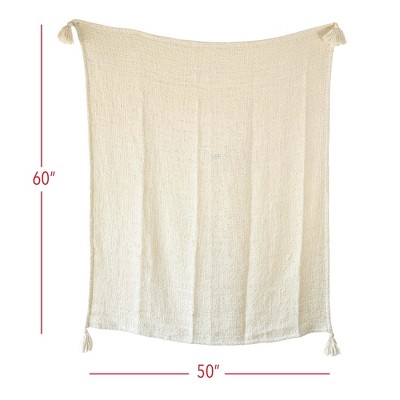 Handwoven Cream Polyester Throw Blanket with Tassels