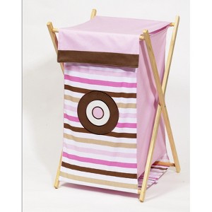 Bacati - Mod Dots/str Pink/Choc Laundry Hamper with Wooden Frame - 1 of 3