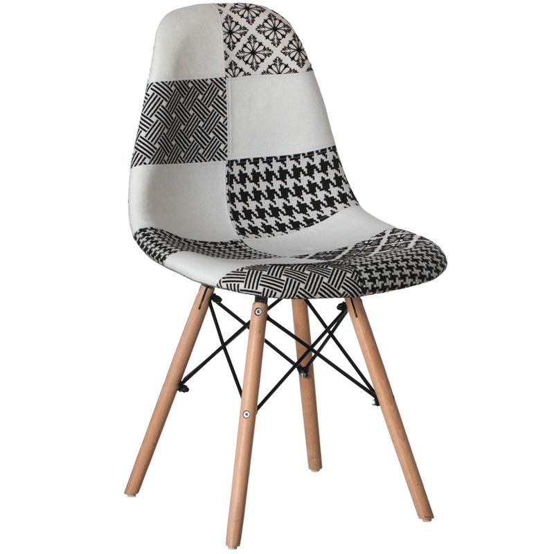 Fabulaxe Modern Fabric Patchwork Chair with Wooden Legs for Kitchen, Dining Room, Entryway, Living Room with Black & White Patterns, 1 of 8