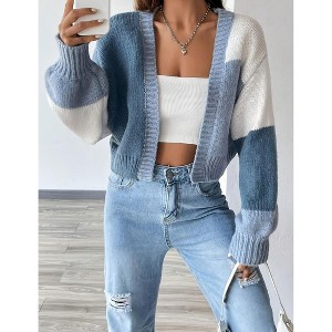 Women's Color Block Cropped Cardigan Open Front Long Sleeve Lightweight Knit Sweater - 1 of 4
