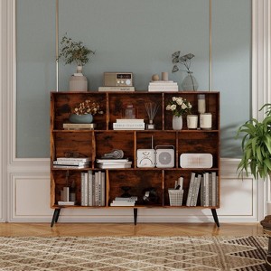 10 Cube Bookshelf, Wooden 3 Tier Bookcase with 5 Iron Legs, Freestanding Organizer Open Display Book Shelf for Home Office, Living Room, Bedroom - 1 of 4