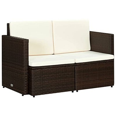 vidaXL 2-Seater Outdoor Patio Sofa with Cushions - Easy-Clean Brown Poly Rattan Material - Comfortable, Thickly-Padded for Ultimate Comfort
