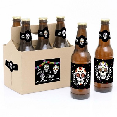 Big Dot of Happiness Day of the Dead - Sugar Skull Party Decorations for Women and Men - 6 Beer Bottle Label Stickers and 1 Carrier