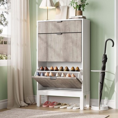 Shoe Storage Cabinet with 2 Flip Drawers & Large Drawer, Farmhouse Fluted Shoe Organizer with Metal Legs, Freestanding Hidden Slim Narrow Shoe Rack