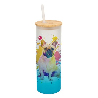 100 North 25 Ounce Frosted Glass Gradient Travel Tumbler With Straw & Wooden Lid, French Bulldog Paint Splatter Sky Blue
