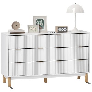 HOMCOM Fluted Dresser for Bedroom with 6 Drawers, 54" Wide Chest of Drawers with Gold Finger Pulls and 5 Wood Legs - 1 of 4