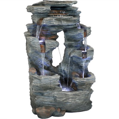 Sunnydaze 39"H Electric Polyresin and Fiberglass Dual Cascading Falls Outdoor Water Fountain with LED Lights