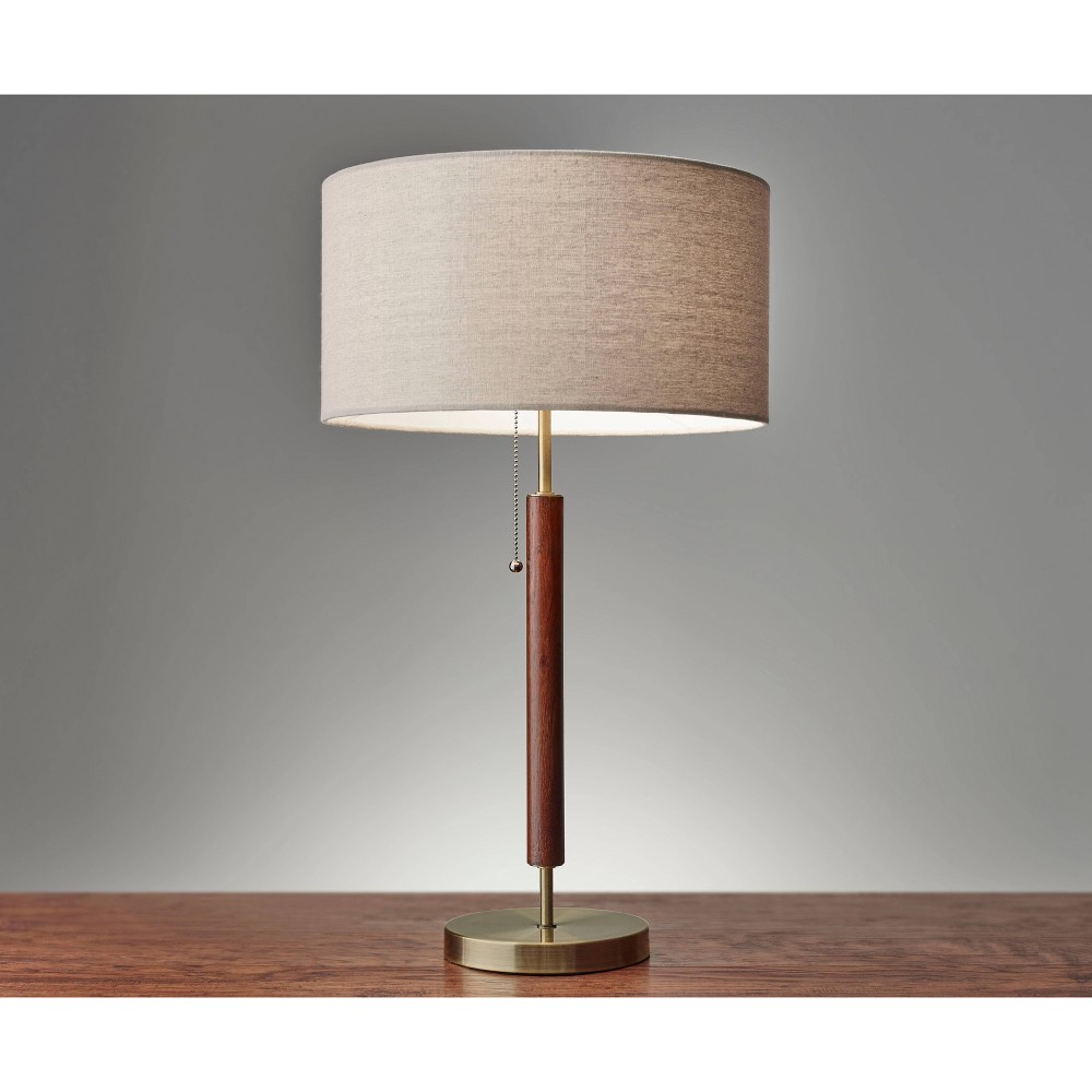 26.25" Hamilton Table Lamp Walnut - Adesso: Mid-Century Design, Linen Shade, Brass Pull Chain