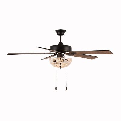 52" 2-Light Gertrude Oil-Rubbed Bronze Metal Ceiling Fan with Rattan Shade - River of Goods: Reversible Motor, UL Listed, LED Lighting