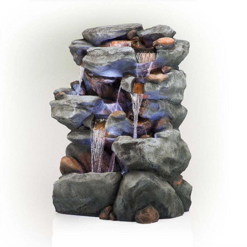 54&#34; Resin 5-Tier Rock Fountain with LED Lights Dark Brown - Alpine Corporation, 5 of 10