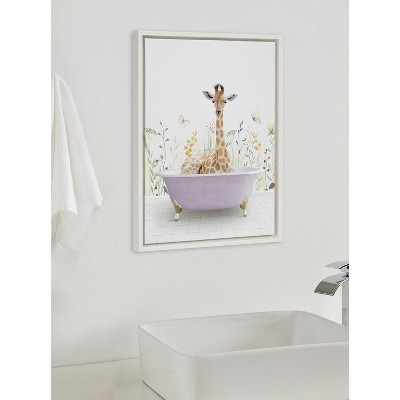 Giraffe in Spring Bath Framed Canvas Wall Art, 18x24, White