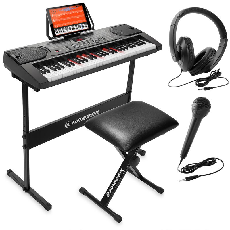 Hamzer 61-Key Electronic Keyboard Digital Music Piano with Lighted Keys, H-Stand, Padded Stool, and Accessories, 1 of 10