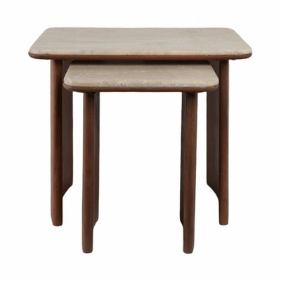 Brown Travertine and Acacia Wood Nested Side Tables Set
