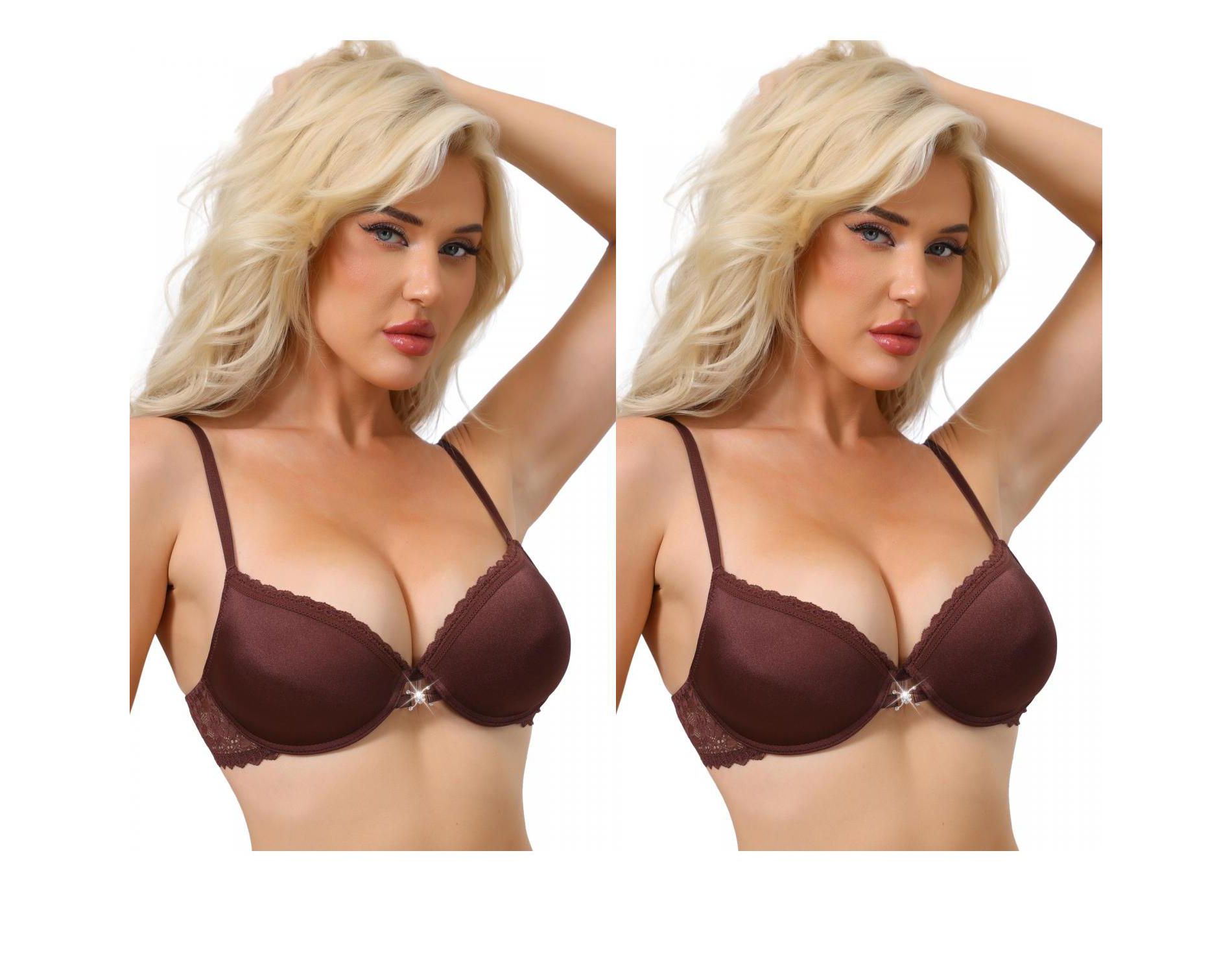 INSPIRE CHIC Women Lace Trim Push Up Plunge Underwire Bralette Cleavage Support Bras with Adjustable Straps 2 Packs 2 Brown 38B