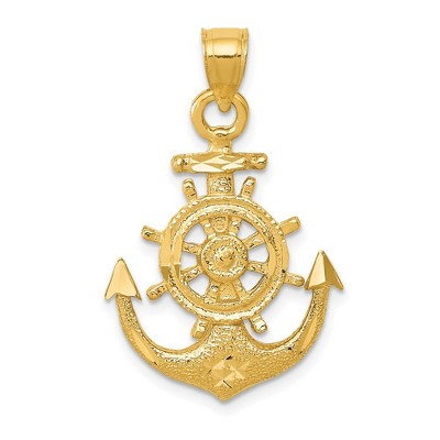 Black Bow Jewelry 14k Yellow Gold Anchor and Ships Wheel Pendant, 19 x 29mm