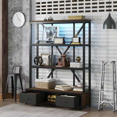 CAVINAS Bookcases for Living Room 4 Tier Rustic Wood Metal Freestanding Open Book Shelf Corner Bookcase with Drawers