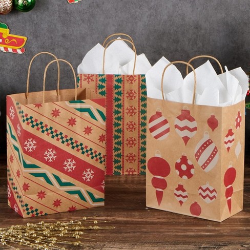 JOYIN 24 Christmas Kraft Gift Bags with Assorted Christmas Prints for Kraft Holiday Paper Gift Bags, Christmas Goody Bags, Xmas Gift Bags, Classrooms