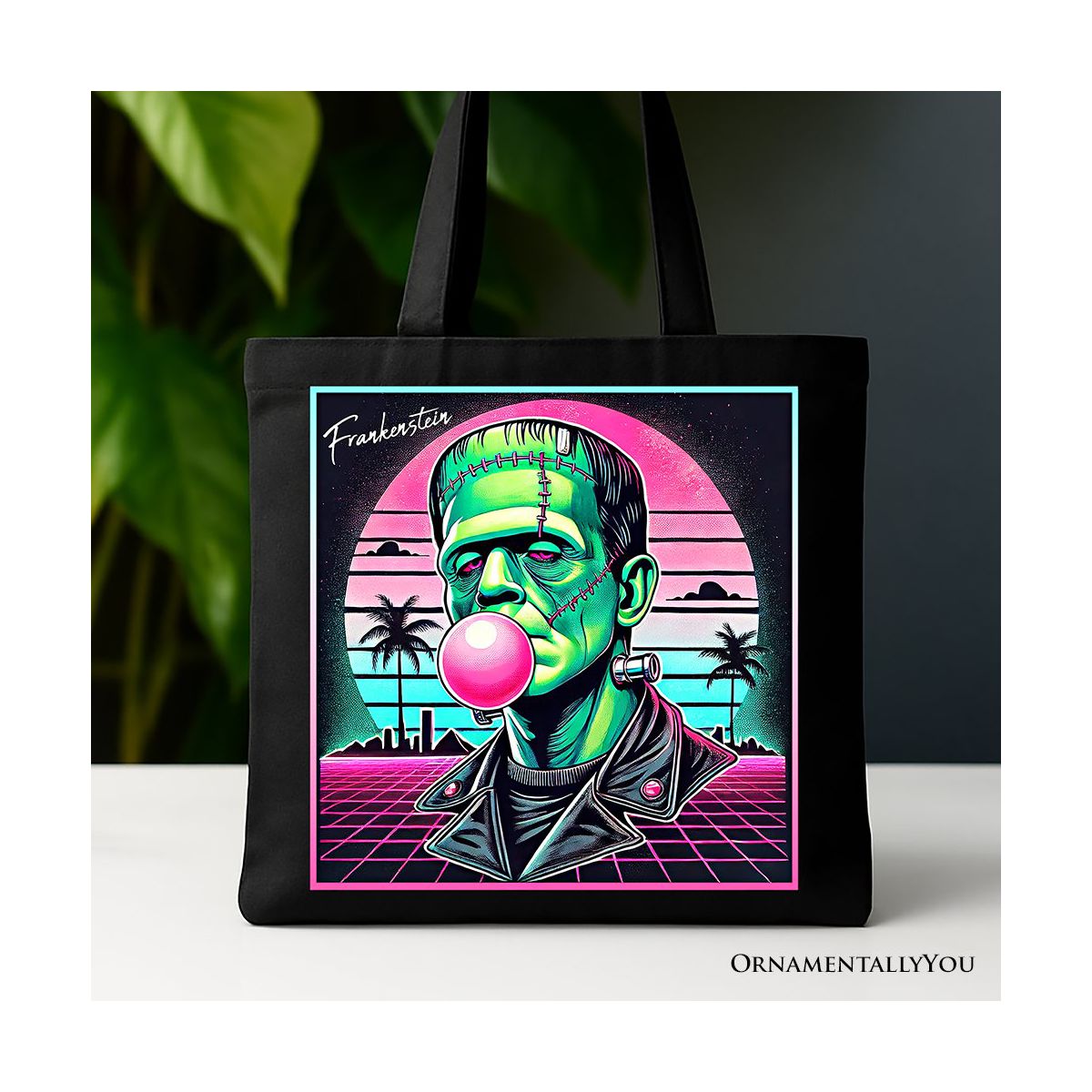 Vaperwave Frankenstein Retro Neon Canvas Tote Bag, Synthwave 80s Styled Classic Halloween Gift | OrnamentallyYou