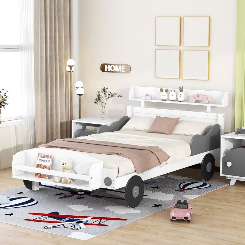 Twin Size Car-Shaped Platform Bed Twin Bed With Storage Shelf Decorative Support Wheels Platform Bed Easy Assembly, 1 of 6