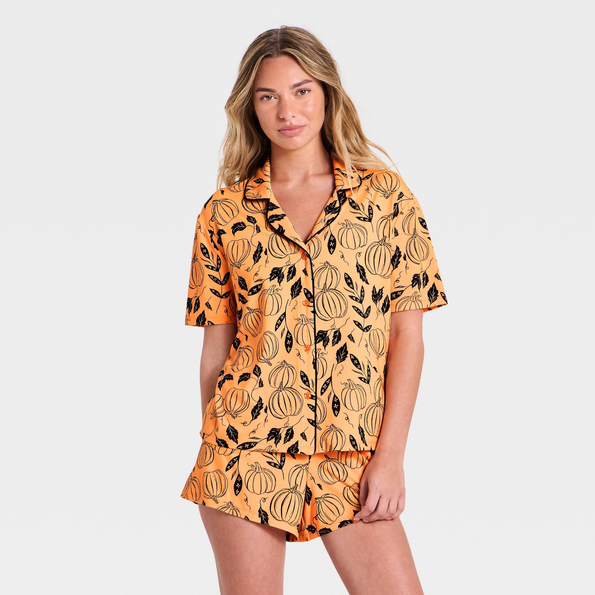 Women's Halloween Jersey Short Sleeve Notch Collar Top and Shorts Pajama Set - Hyde and EEK! Boutique™