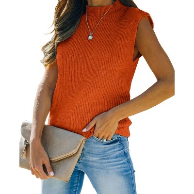Womens Cap Sleeve Pullover Sweater Knit Tank Tops Crew Neck Sweater