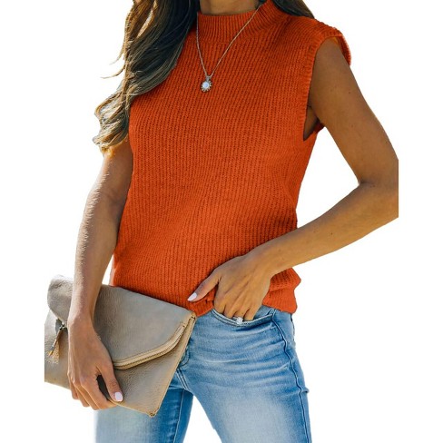 Womens Cap Sleeve Pullover Sweater Knit Tank Tops Crew Neck Sweater Orange S