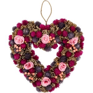 Northlight Floral and Twig Artificial Heart Valentine's Day Wreath - 13.5" - Pink and Purple - 1 of 4
