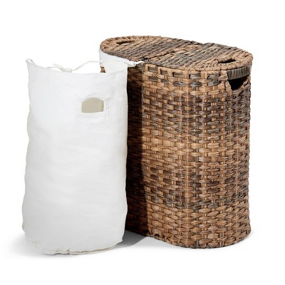 Mocha Brown Handwoven Wicker Double Laundry Hamper with Lid