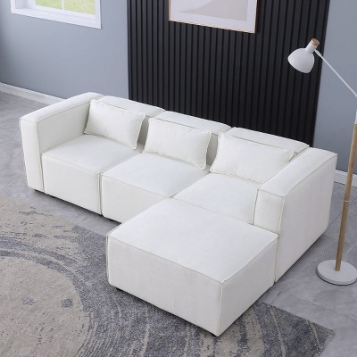 Modular Sofa with Beige Chenille Fabric and Chaise Lounge,Soft Seat and Back for Superior Comfort,Simple Knock Down Modular Sofa for Living Room-Koiai