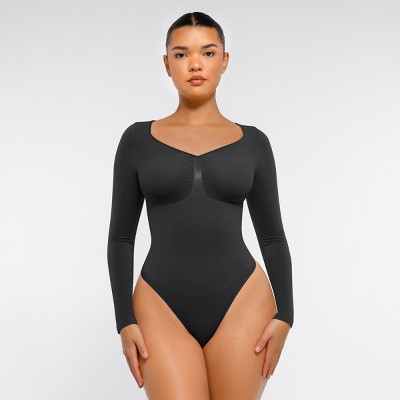 Feelingirl Women's Seamless Long Sleeve Compression Thong Shapewear Bodysuit Black XS