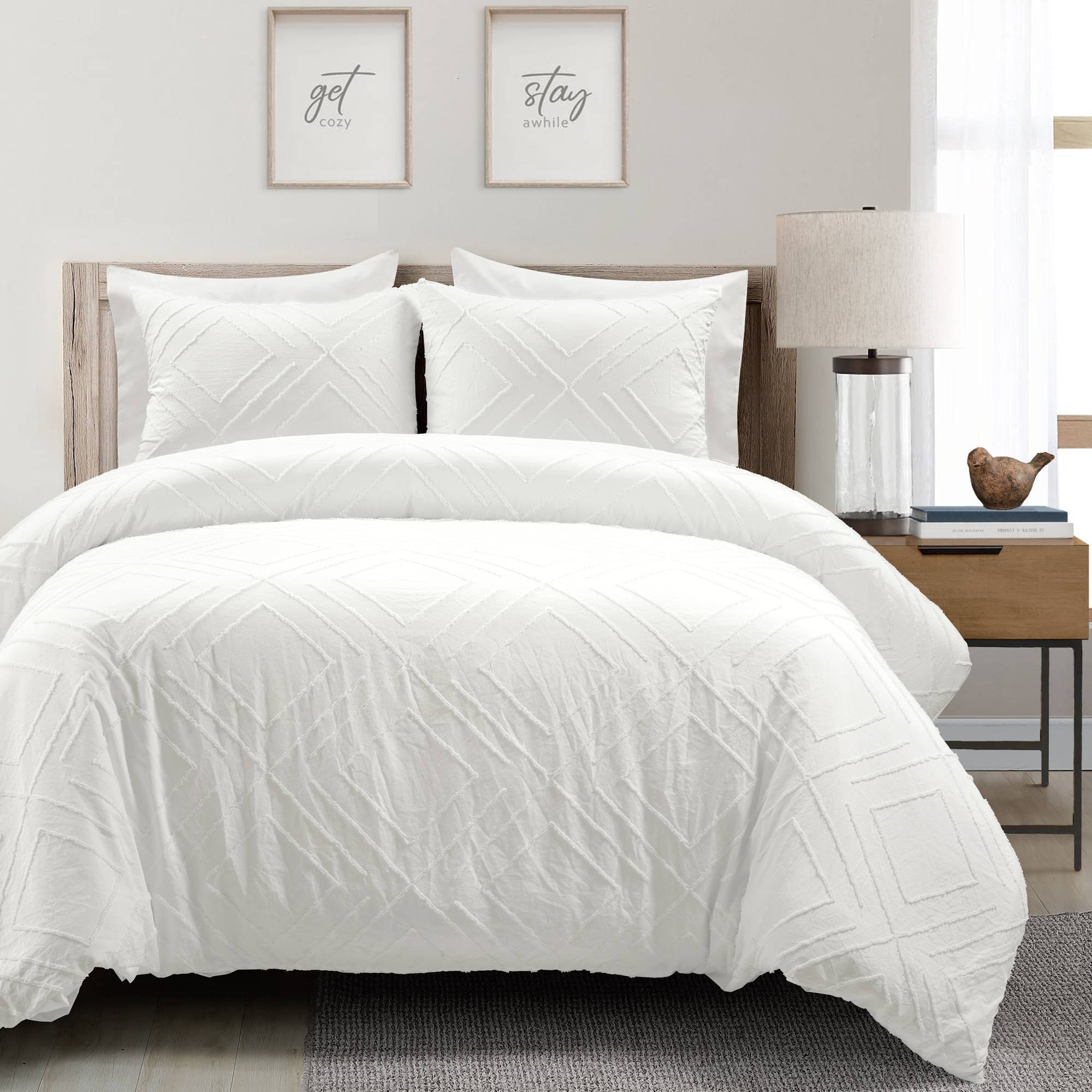 3pc Full/Queen Diamond Clip Jacquard Duvet Cover Set White - Lush Décor: Microfiber, Reversible, Machine Washable