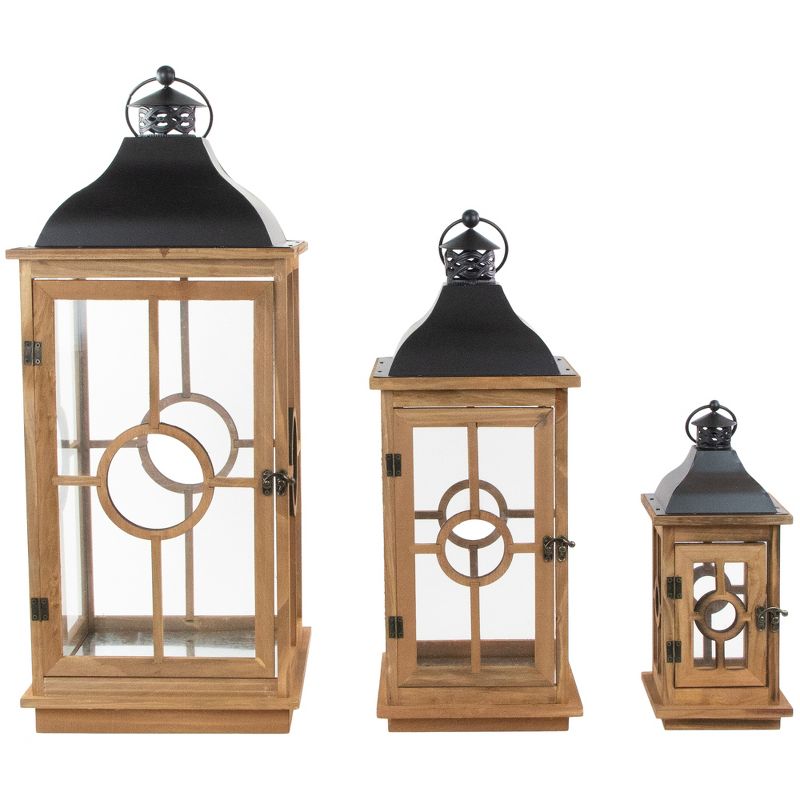 Northlight Set of 3 Natural Wood Candle Lanterns with Black Metal Tops 26.5", 3 of 6