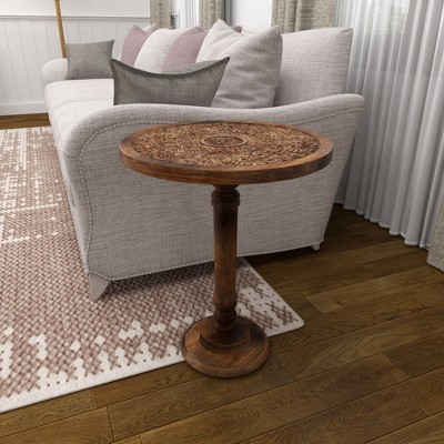 Majestic Floral Carved Dark Brown Mango Wood Round Accent Table