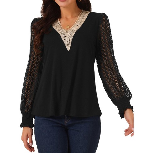 Seta T Women's Lace V Neck Long Sleeve Simple Casual Fall Winter Fashion T-Shirt - image 1 of 4