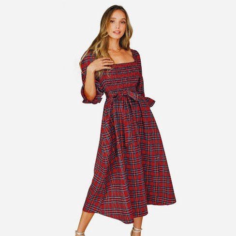 Women's Belted Tartan Plaid Dress - Cupshe-m-red : Target