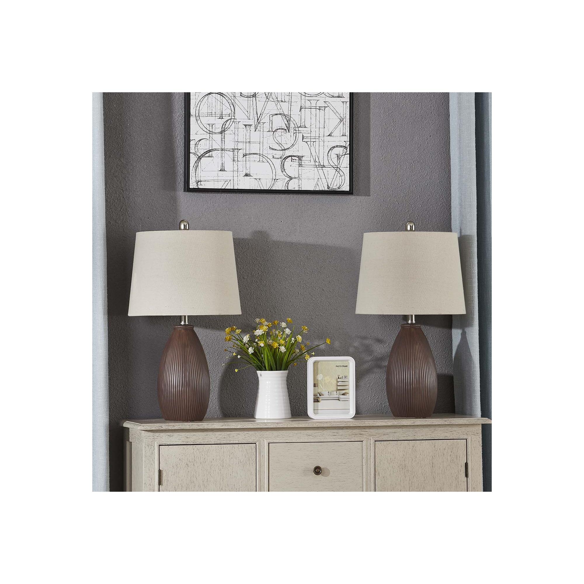 Maxax Brown Ribbed Ceramic Table Lamps Set of 2，Artistic Desk Lamps for Bedroom Nightstand/Living Room