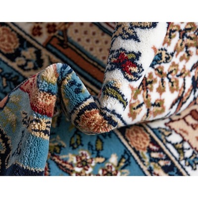 Blue and Tan Floral Synthetic Indoor Runner Rug