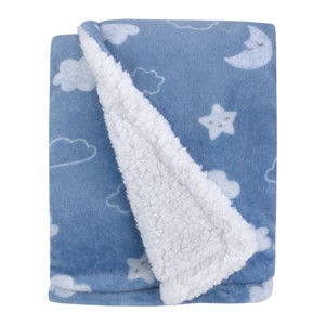 Carter's Blue Elephant - Chambray, and White Clouds, Moon and Stars Super Soft Cuddly Plush Baby Blanket - 1 of 4