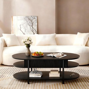 WOWLIVE 41.7" Oval Lift Top Coffee Table with Hidden Compartment, 3 Tier Fluted Wood Center Tables with Storage Shelf for Living Room - 1 of 4