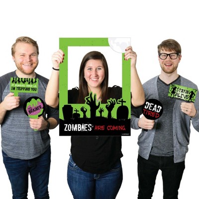 Big Dot of Happiness Zombie Zone - Halloween or Birthday Zombie Crawl Party Photo Booth Picture Frame and Props - Printed on Sturdy Material