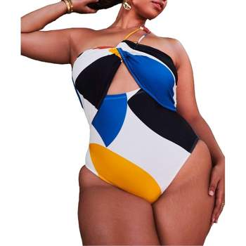 ELOQUII Women's Plus Size One Shoulder Cutout Detail Swimsuit