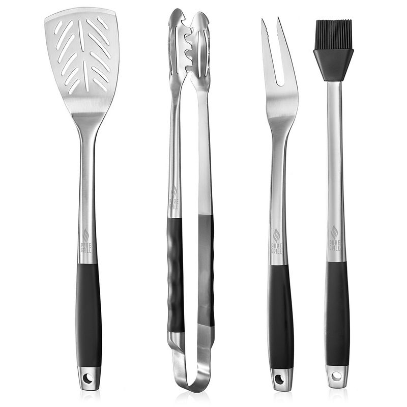 Pure Grill 4-Piece Stainless Steel BBQ Tool Utensil Set with Meat Fork, Spatula, Tongs, and Basting Brush, 1 of 8