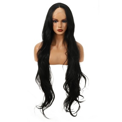 Unique Bargains Women's Long Natural Curly Lace Front Wigs with Wig Cap 40" Black 1 Pc