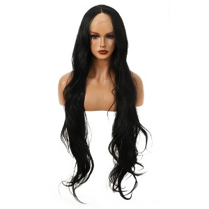 Unique Bargains Women's Long Natural Curly Lace Front Wigs with Wig Cap 40" Black 1 Pc - 1 of 4