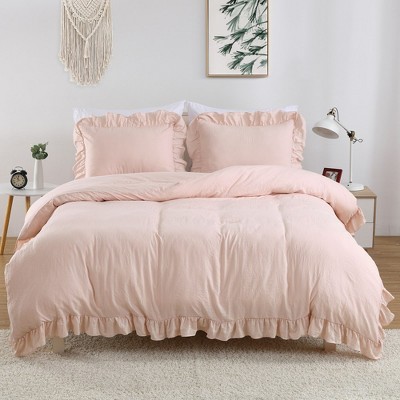 Ruffle Duvet Cover Set, Soft Washed Microfiber Vintage French Country Duvet Cover Set with Button Closure