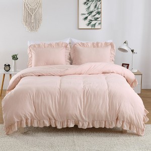 Ruffle Duvet Cover Set, Soft Washed Microfiber Vintage French Country Duvet Cover Set with Button Closure - 1 of 4