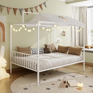 KTMBDW Twin/Full Size Montessori Floor Bed, Metal House Bed Frame for Kids, Montessori Floor Beds with Fence, Canopy Platform Bed - 1 of 4