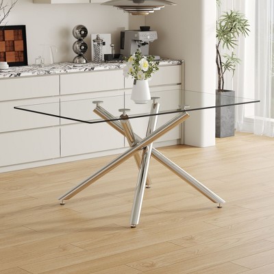 NicBex Dining Table 63" Modern Minimalist Rectangular Glass Tabletop with Chrome Metal Legs for Dining Room