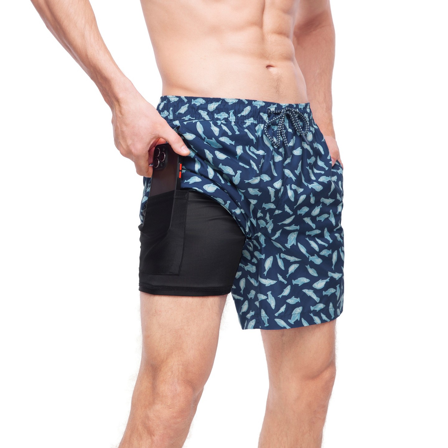 Мужские шорты Rokka&Rolla 7'' Pattern Swim Shorts with Compression Liner-Blue Tropical Print, size Medium, цвет: Тёмно-синий — фото 7
