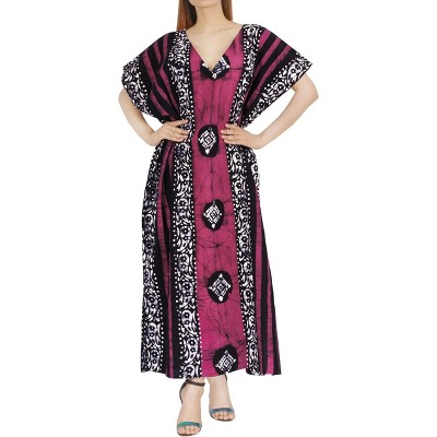LA LEELA Women's Summer Holiday Beach Casual Dailywear Loose Caftan Long Boho Sleepwear Loungewear Dashiki House Dress for Women 3X-4X Pink, Stripe